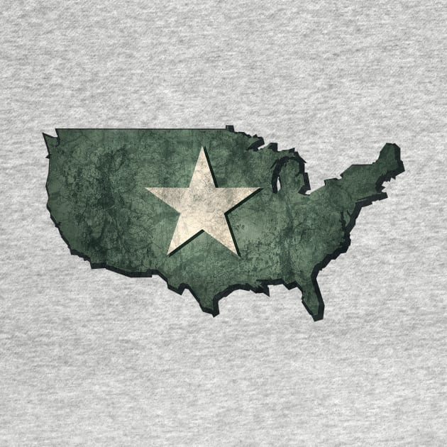 USA map in army green with bright star and grunge effect by Creative Art Store